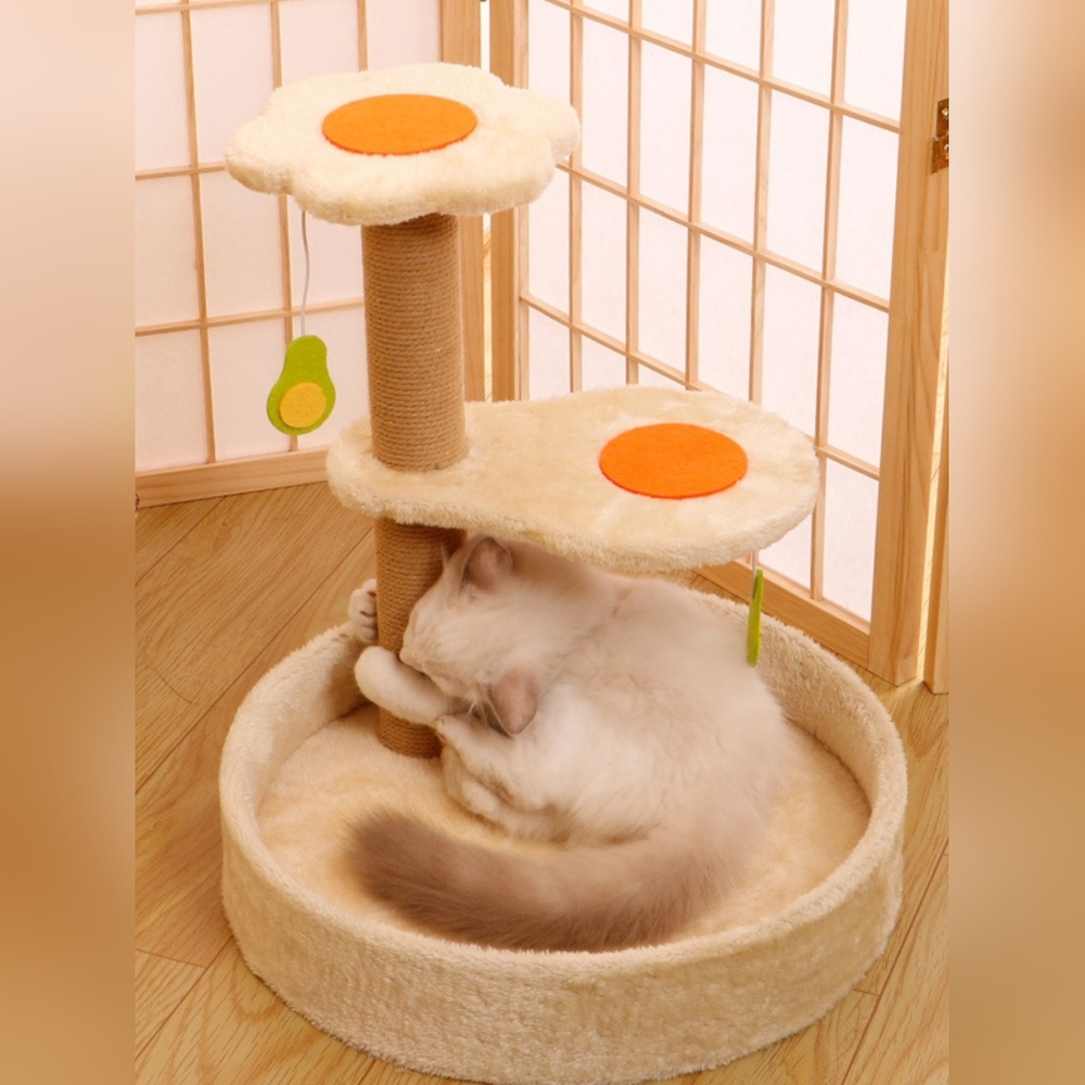 Cream Scratch Post Cat Tree And Bed with Orange Accents